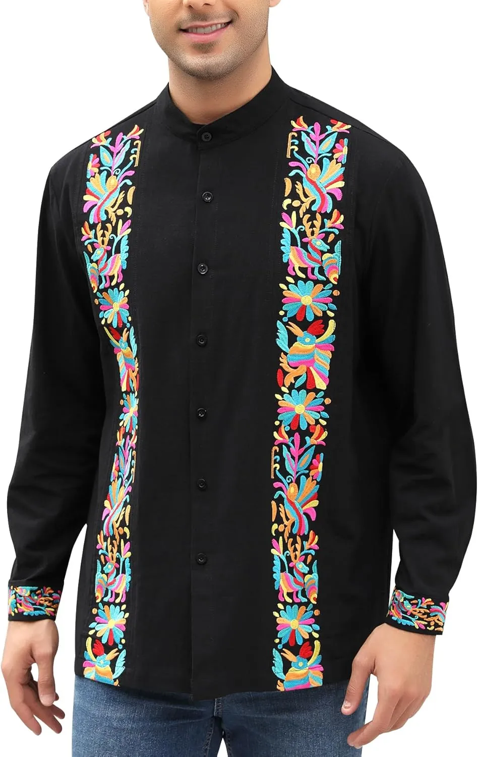 Mexican Shirts for Men Guayabera Embroidered Traditional Fiesta Button Up Mandarin Collared Long Sleeve Shirt