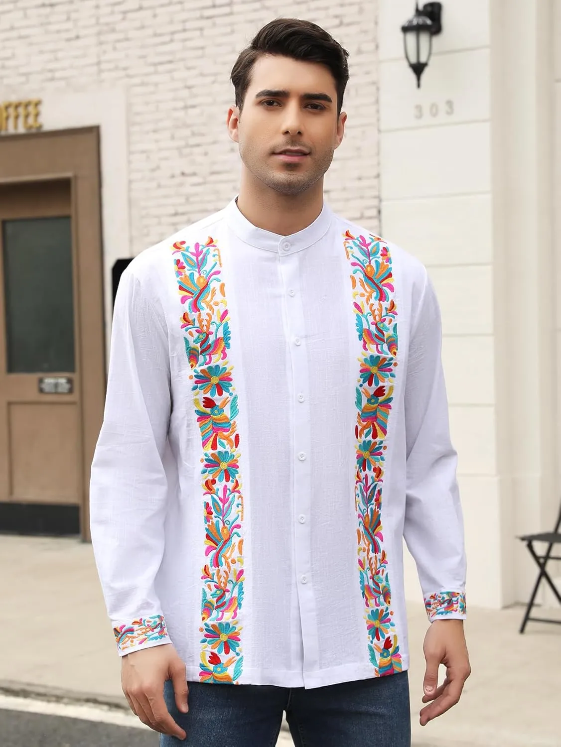 Mexican Shirts for Men Guayabera Embroidered Traditional Fiesta Button Up Mandarin Collared Long Sleeve Shirt