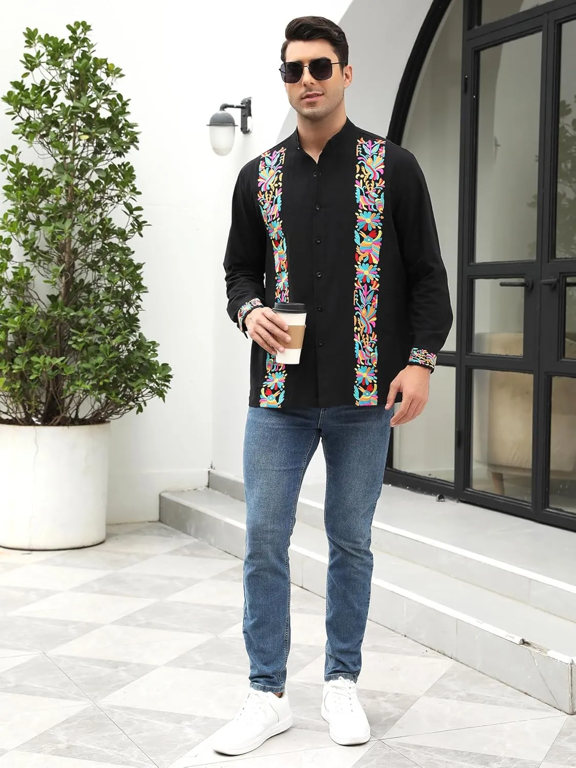 Mexican Shirts for Men Guayabera Embroidered Traditional Fiesta Button Up Mandarin Collared Long Sleeve Shirt