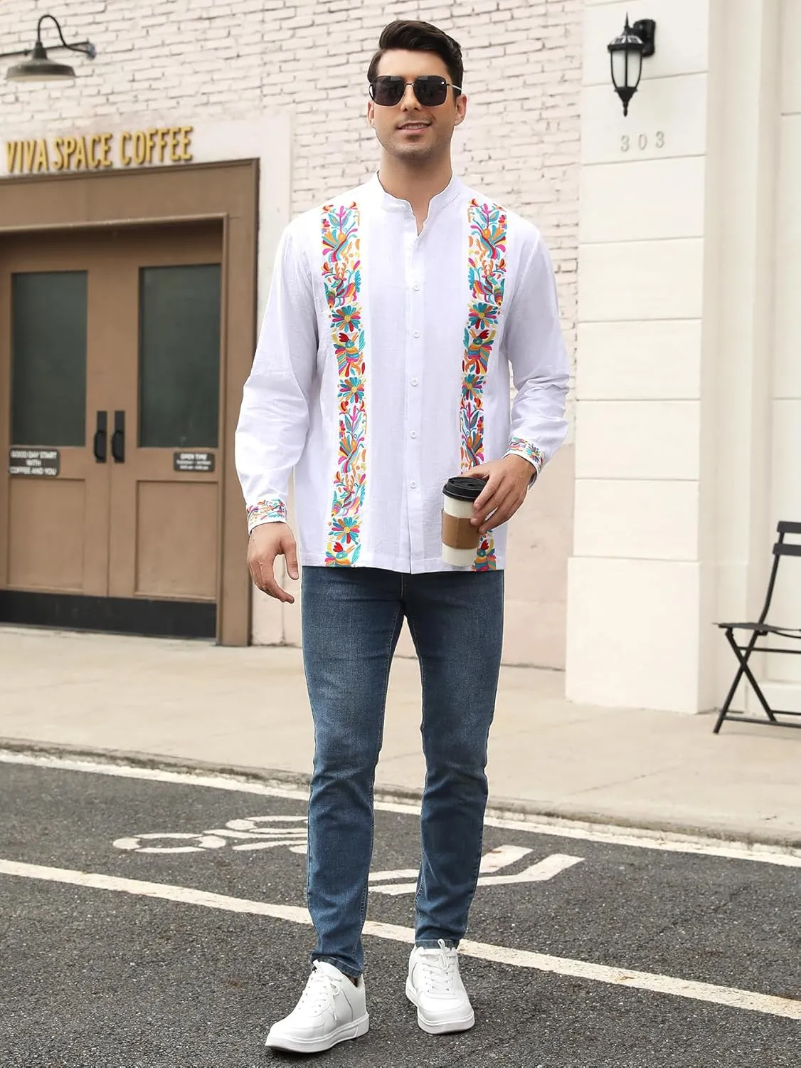 Mexican Shirts for Men Guayabera Embroidered Traditional Fiesta Button Up Mandarin Collared Long Sleeve Shirt