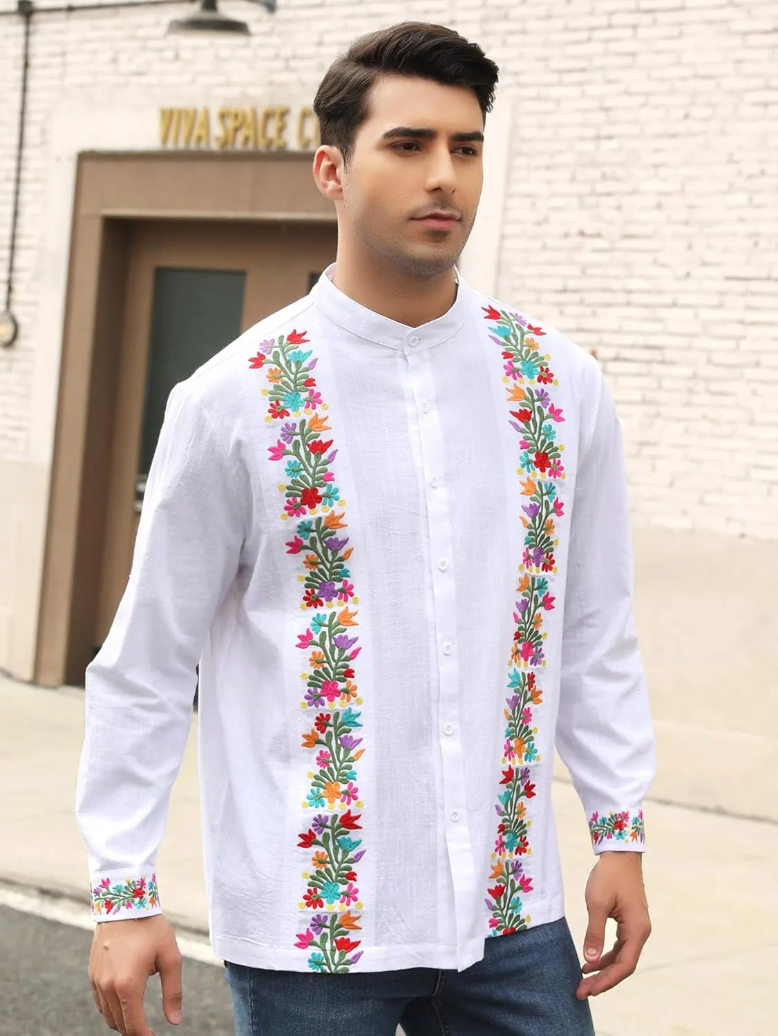Mexican Shirts for Men Guayabera Embroidered Traditional Fiesta Button Up Mandarin Collared Long Sleeve Shirt