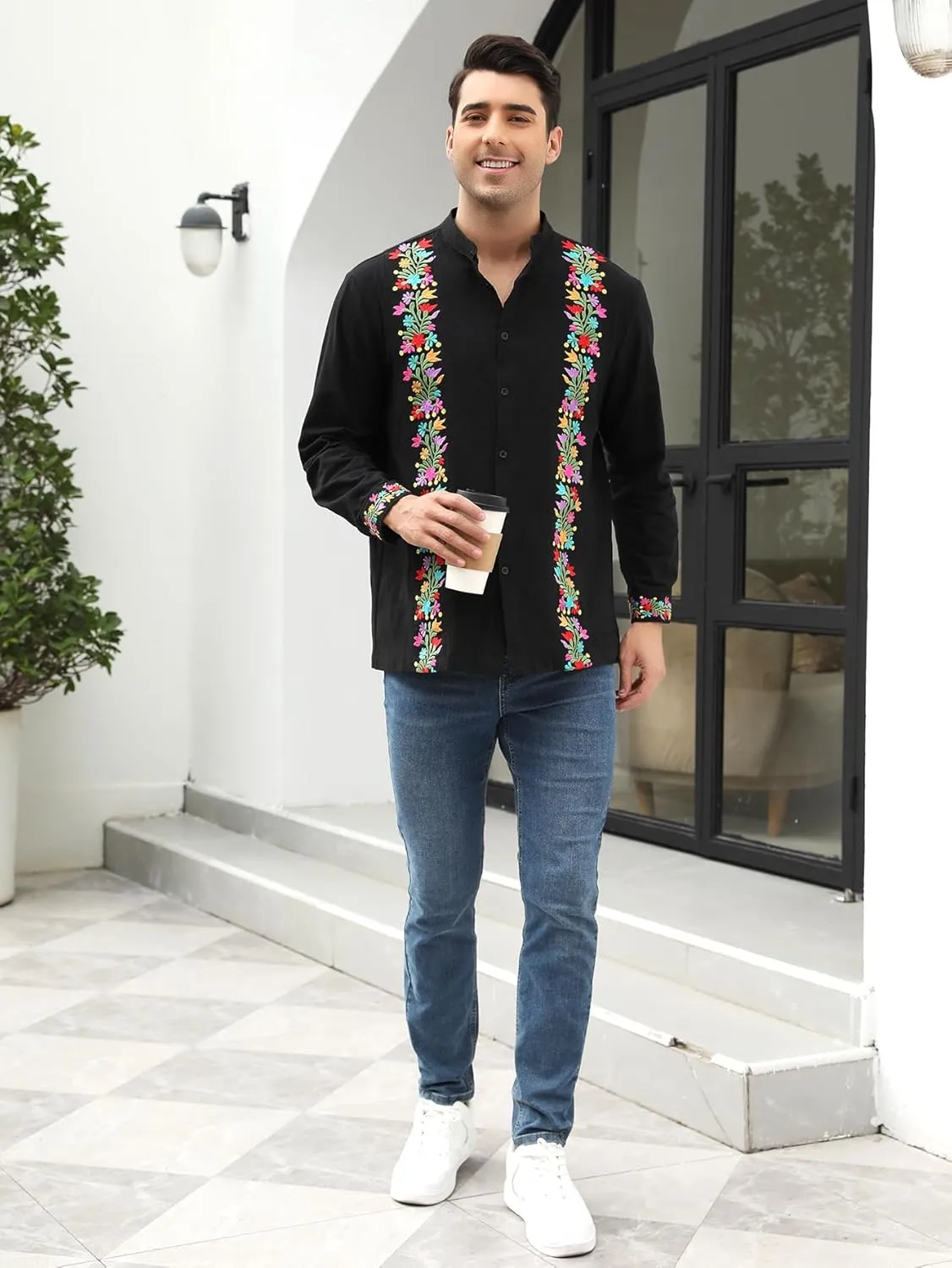 Mexican Shirts for Men Guayabera Embroidered Traditional Fiesta Button Up Mandarin Collared Long Sleeve Shirt