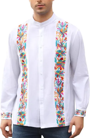 Mexican Shirts for Men Guayabera Embroidered Traditional Fiesta Button Up Mandarin Collared Long Sleeve Shirt