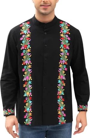 Mexican Shirts for Men Guayabera Embroidered Traditional Fiesta Button Up Mandarin Collared Long Sleeve Shirt