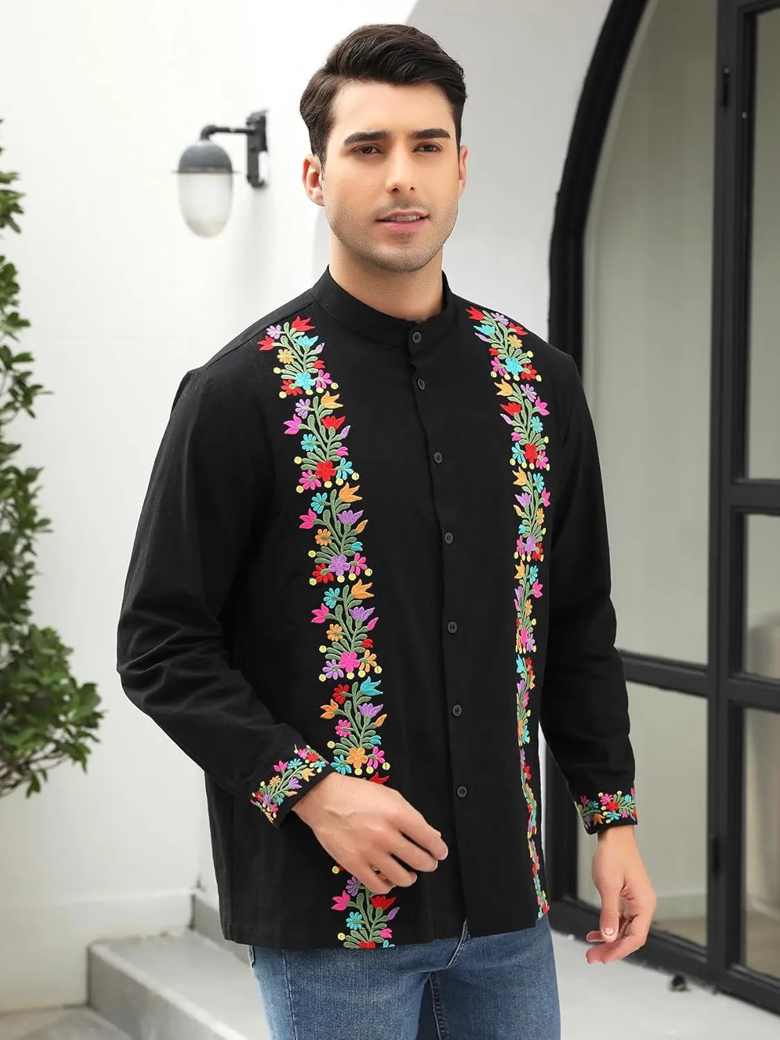 Mexican Shirts for Men Guayabera Embroidered Traditional Fiesta Button Up Mandarin Collared Long Sleeve Shirt
