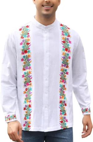 Mexican Shirts for Men Guayabera Embroidered Traditional Fiesta Button Up Mandarin Collared Long Sleeve Shirt