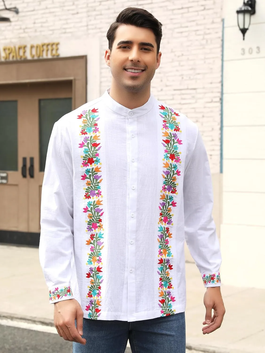 Mexican Shirts for Men Guayabera Embroidered Traditional Fiesta Button Up Mandarin Collared Long Sleeve Shirt
