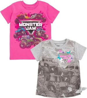 Monster Jam Girls 2 Pack T-Shirts Toddler to Big Kid Grave Digger El Toro Loco Whiplash Monster Mutt Dalmatian Megalodon