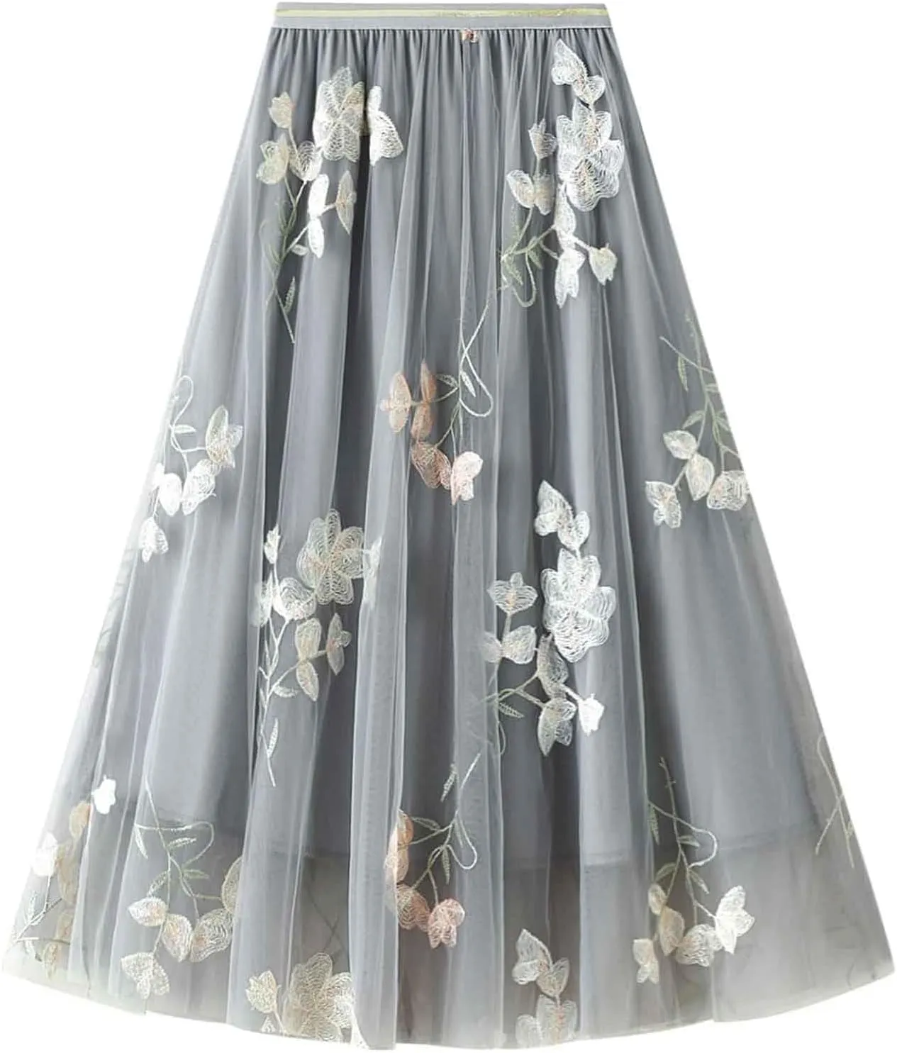 Mujer Midi Tulle Skirt for Women Elegant Floral Embroidered A-Line Pleated Skirt Elastic High Waist Layered Mesh Tutu Swing Skirt Falda de tul