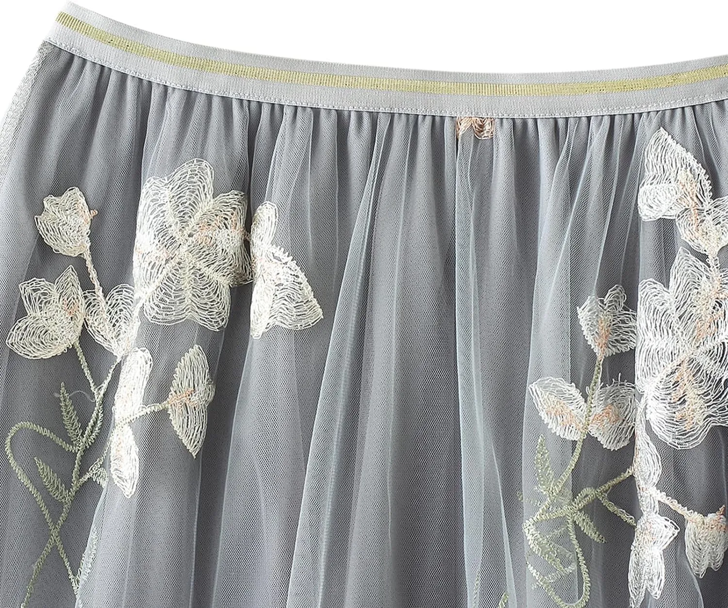 Mujer Midi Tulle Skirt for Women Elegant Floral Embroidered A-Line Pleated Skirt Elastic High Waist Layered Mesh Tutu Swing Skirt Falda de tul