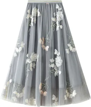 Mujer Midi Tulle Skirt for Women Elegant Floral Embroidered A-Line Pleated Skirt Elastic High Waist Layered Mesh Tutu Swing Skirt Falda de tul