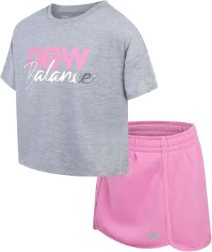 New Balance Girls' Scooter Set - 2 Piece Fleece Short Sleeve Graphic Tee and Activewear Skorts for Girls (Sizes: 7-12)