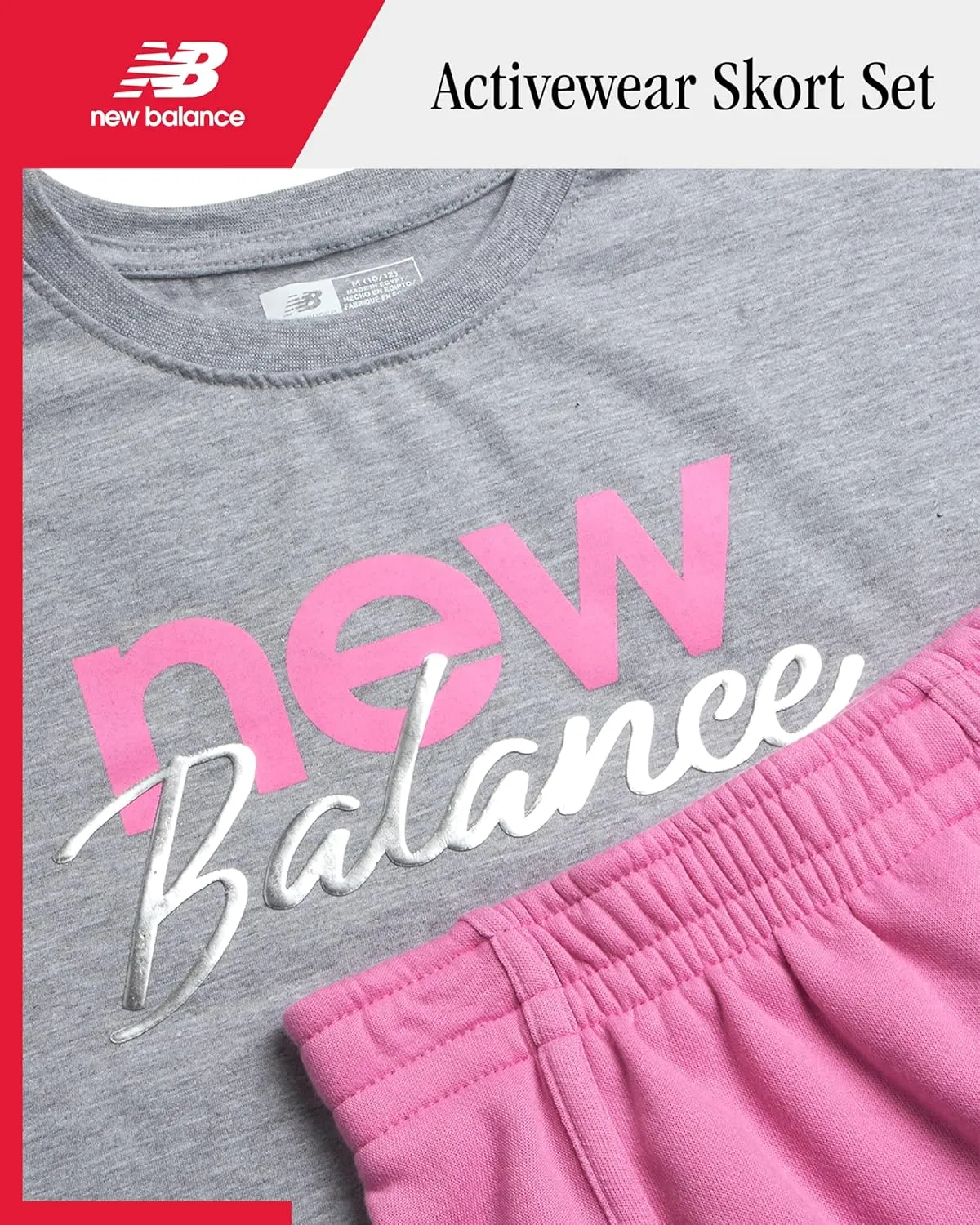New Balance Girls' Scooter Set - 2 Piece Fleece Short Sleeve Graphic Tee and Activewear Skorts for Girls (Sizes: 7-12)