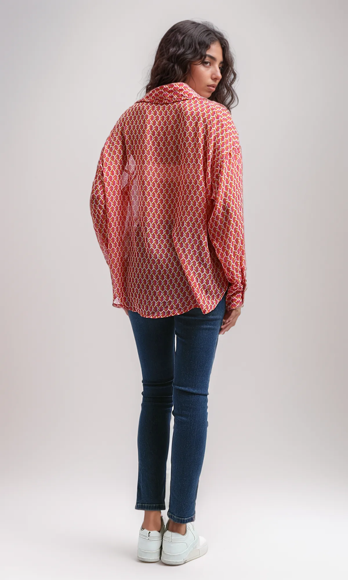 O197601 Relaxed Fit Long Sleeves Chiffon Fushia & Gold Shirt
