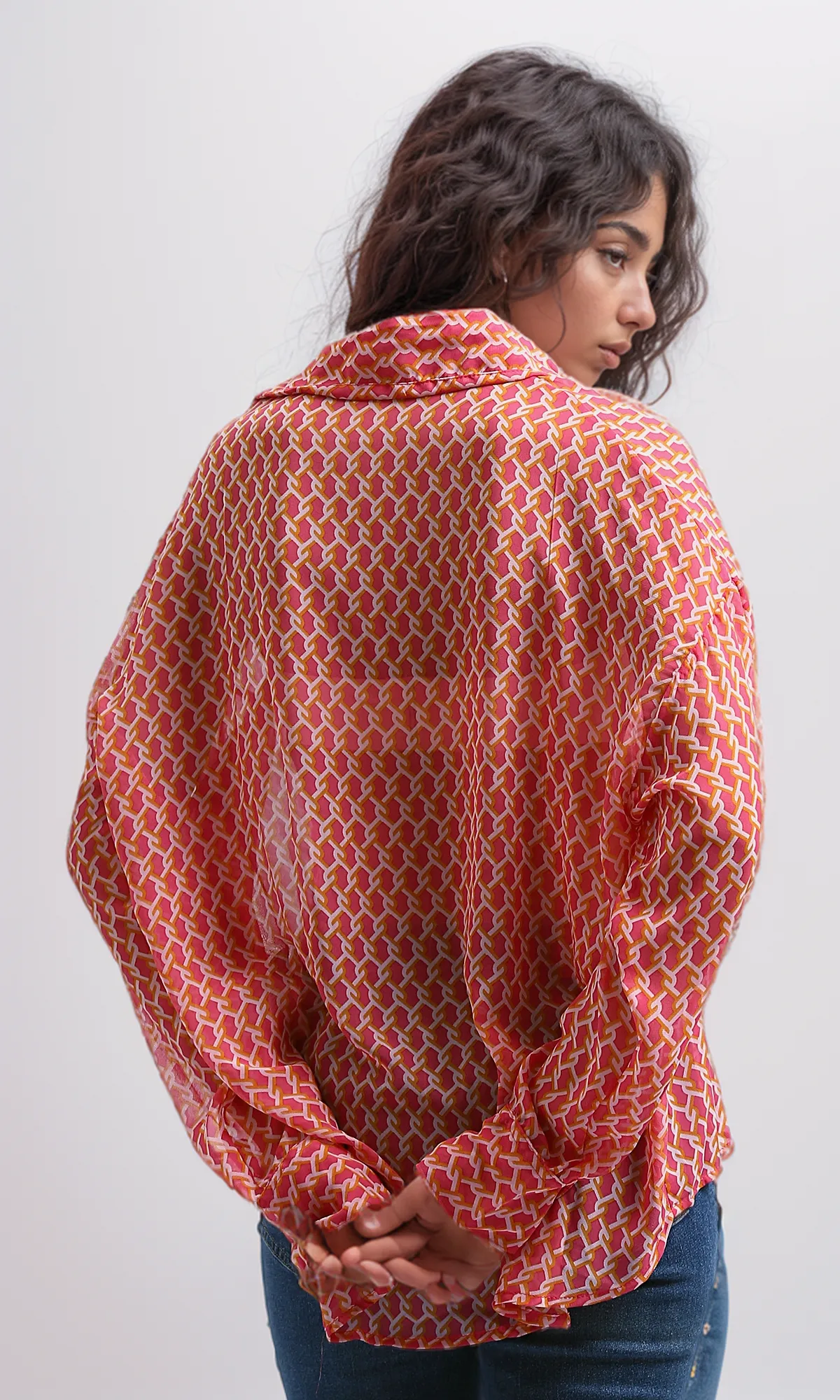 O197601 Relaxed Fit Long Sleeves Chiffon Fushia & Gold Shirt