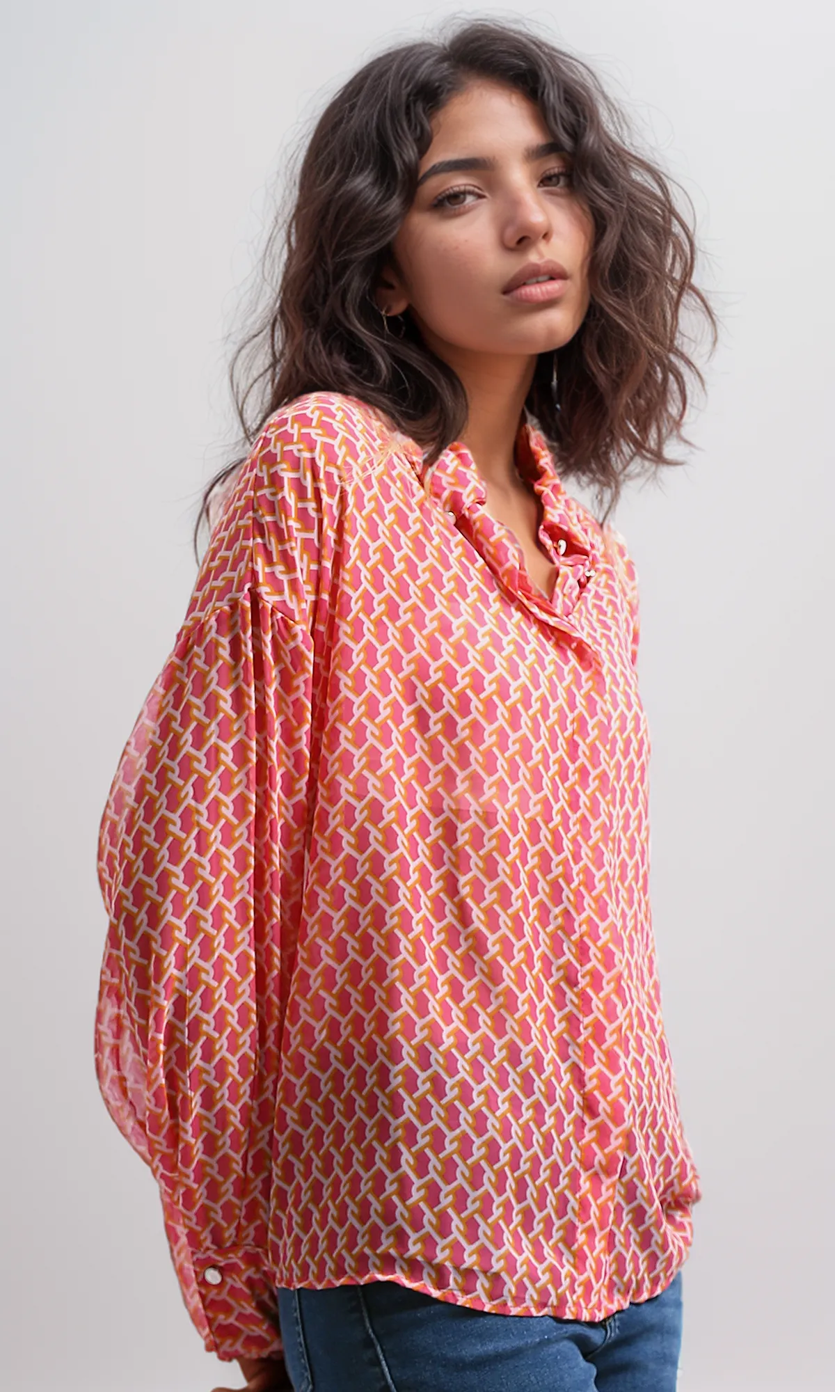 O197601 Relaxed Fit Long Sleeves Chiffon Fushia & Gold Shirt