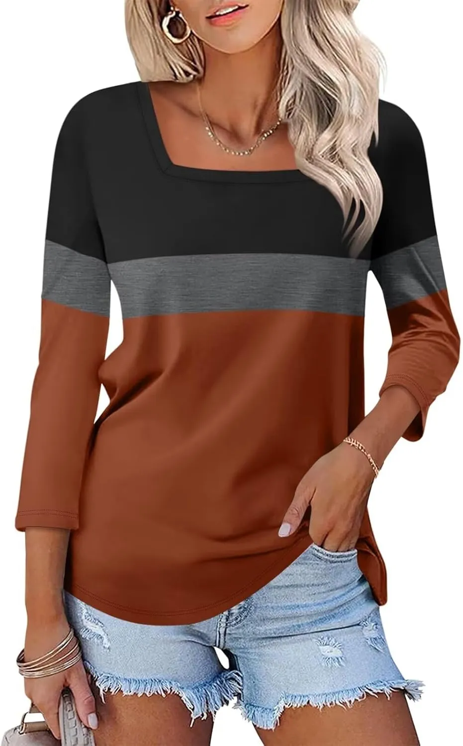 ORANDESIGNE Women's 3/4 Sleeves V Neck T Shirts Casual Summer Tops Basic Tees