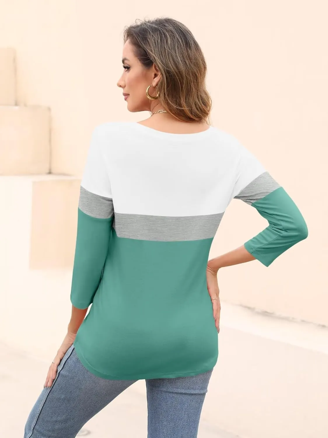ORANDESIGNE Women's 3/4 Sleeves V Neck T Shirts Casual Summer Tops Basic Tees