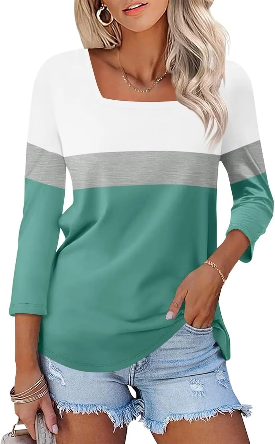 ORANDESIGNE Women's 3/4 Sleeves V Neck T Shirts Casual Summer Tops Basic Tees