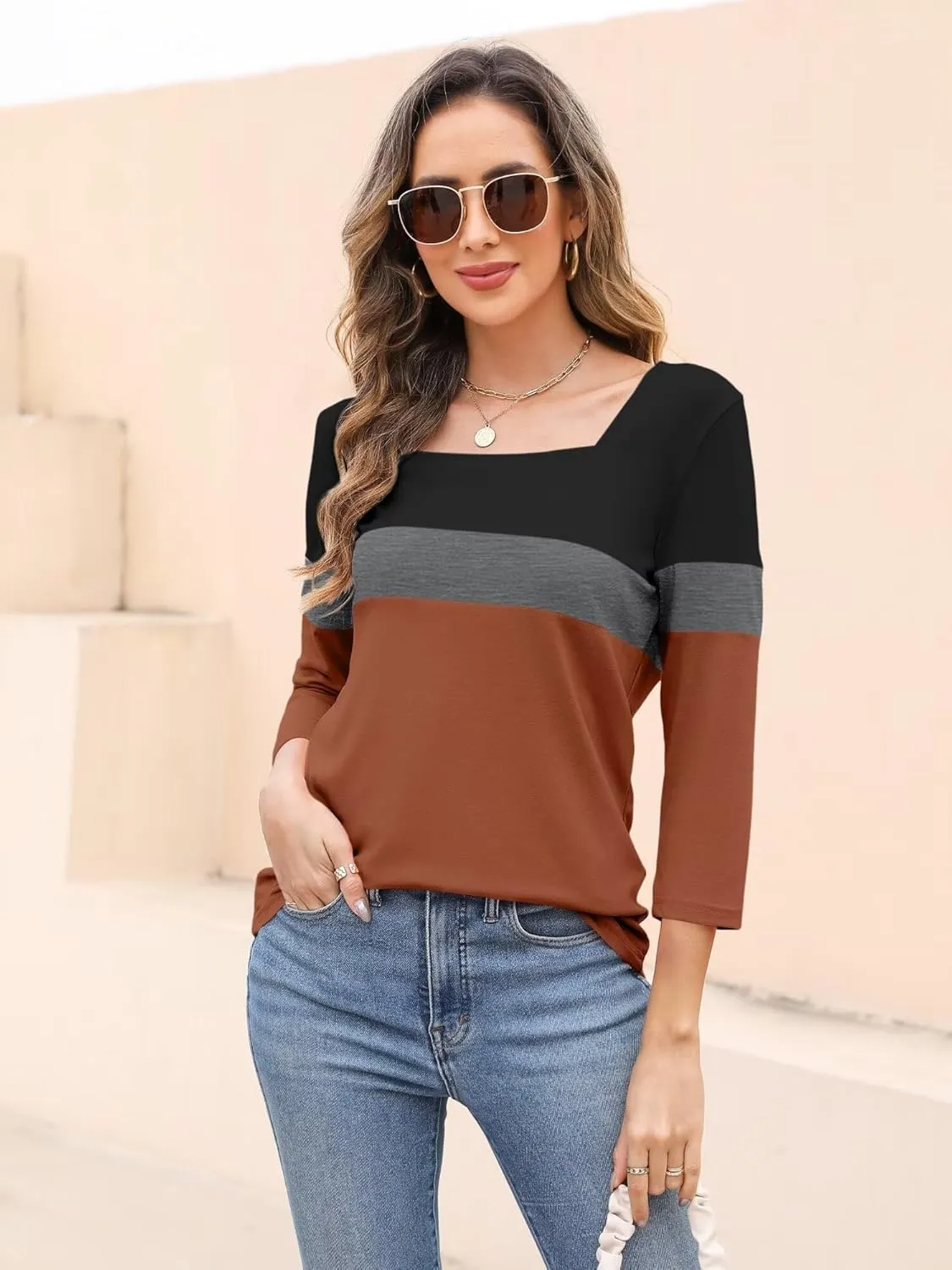 ORANDESIGNE Women's 3/4 Sleeves V Neck T Shirts Casual Summer Tops Basic Tees