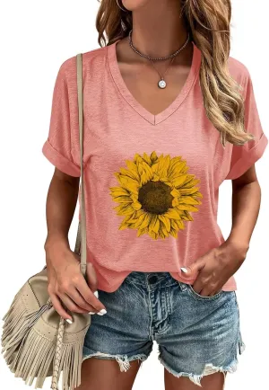 ORANDESIGNE Womens Sunflower Print T Shirts V Neck Graphic Short Sleeve Vintage Tees Summer Casaul Loose Fit Tops
