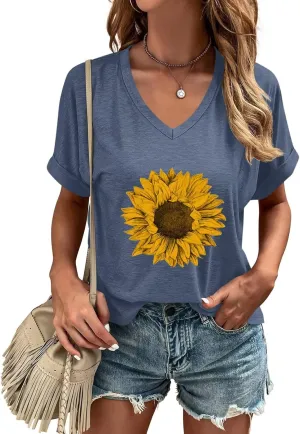 ORANDESIGNE Womens Sunflower Print T Shirts V Neck Graphic Short Sleeve Vintage Tees Summer Casaul Loose Fit Tops