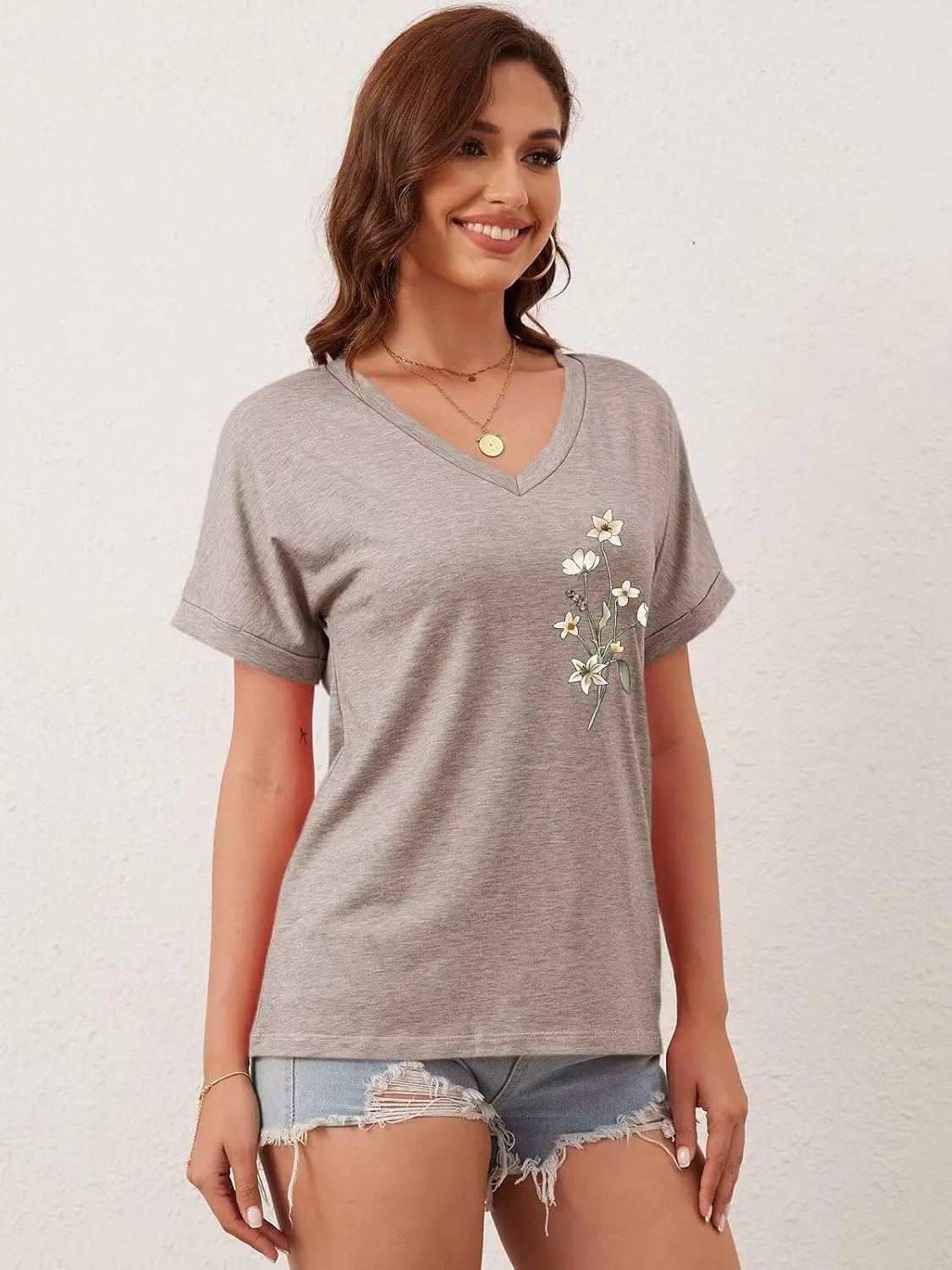 ORANDESIGNE Womens Sunflower Print T Shirts V Neck Graphic Short Sleeve Vintage Tees Summer Casaul Loose Fit Tops