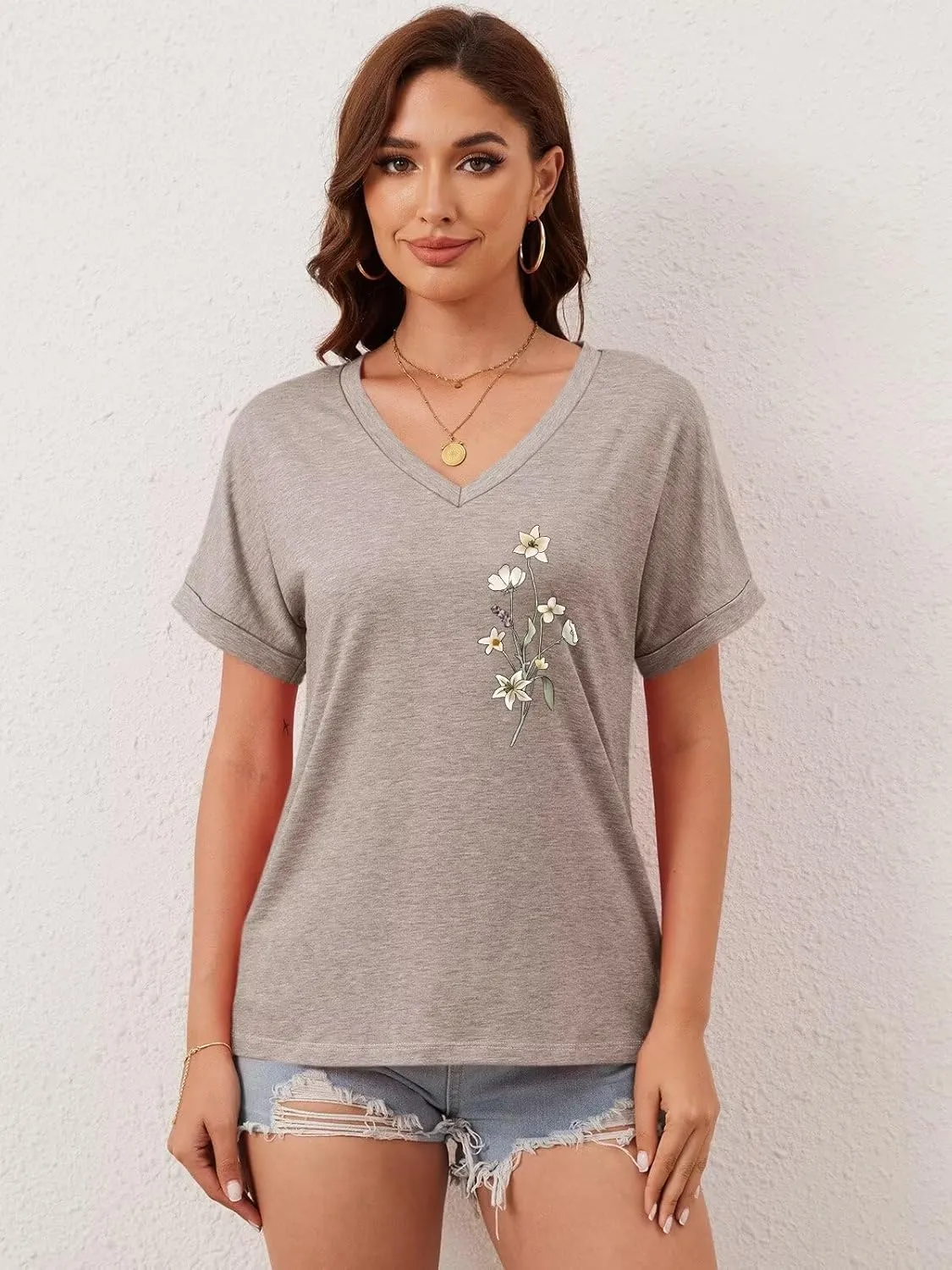 ORANDESIGNE Womens Sunflower Print T Shirts V Neck Graphic Short Sleeve Vintage Tees Summer Casaul Loose Fit Tops