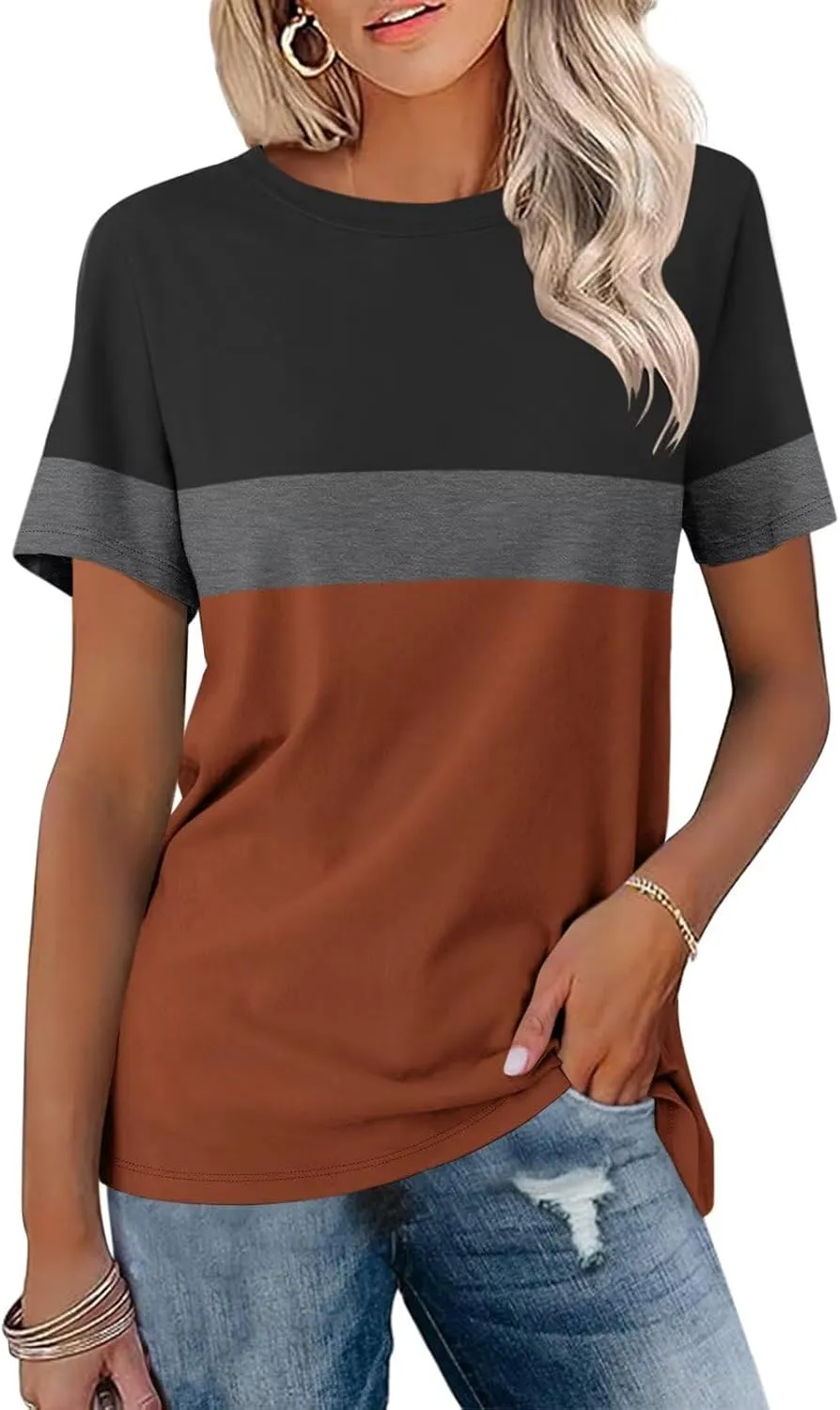 ORANDESIGNE Womens T Shirts Short Sleeve Color Block Tops Casual Summer Fashion Tees