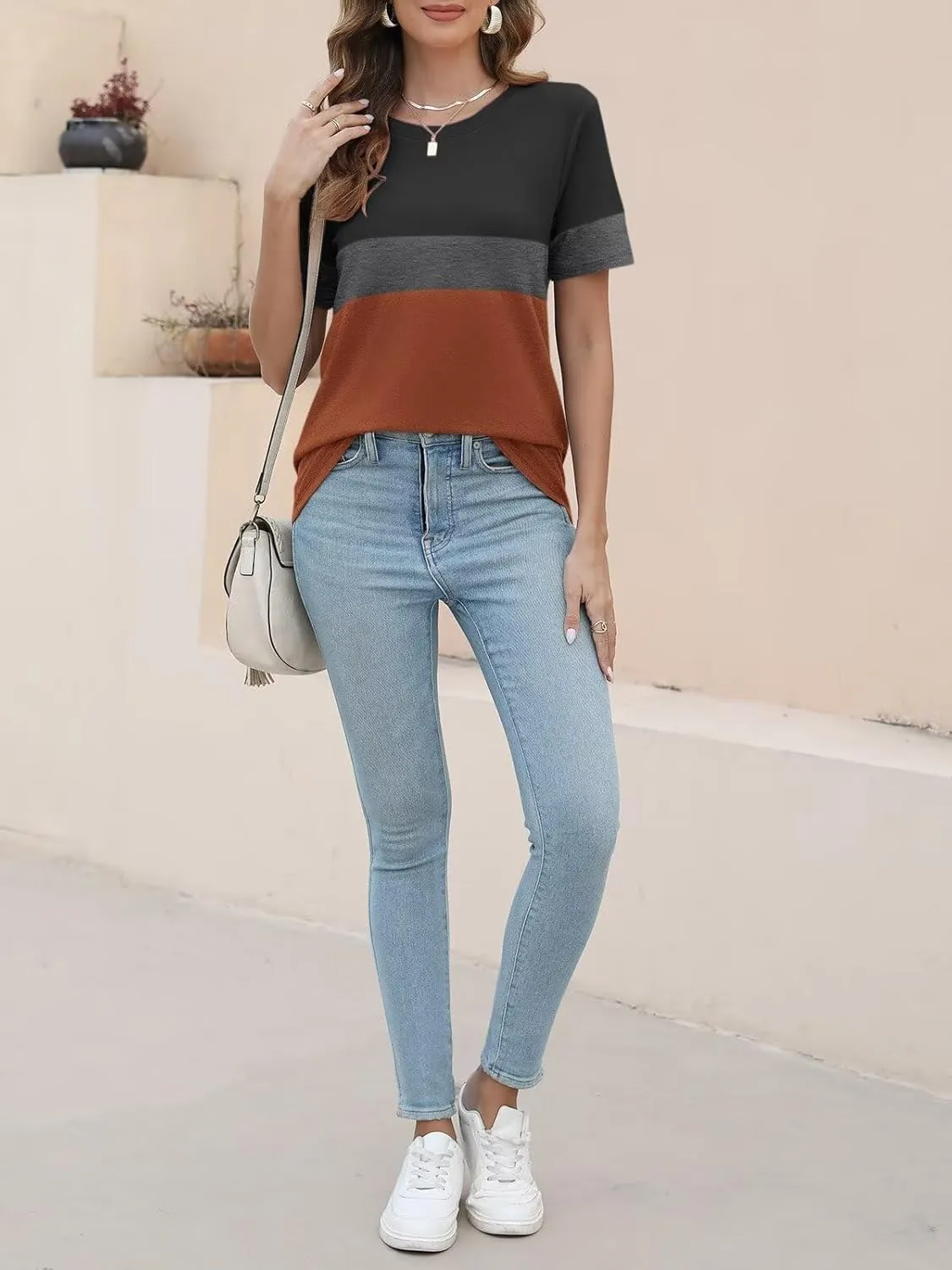 ORANDESIGNE Womens T Shirts Short Sleeve Color Block Tops Casual Summer Fashion Tees
