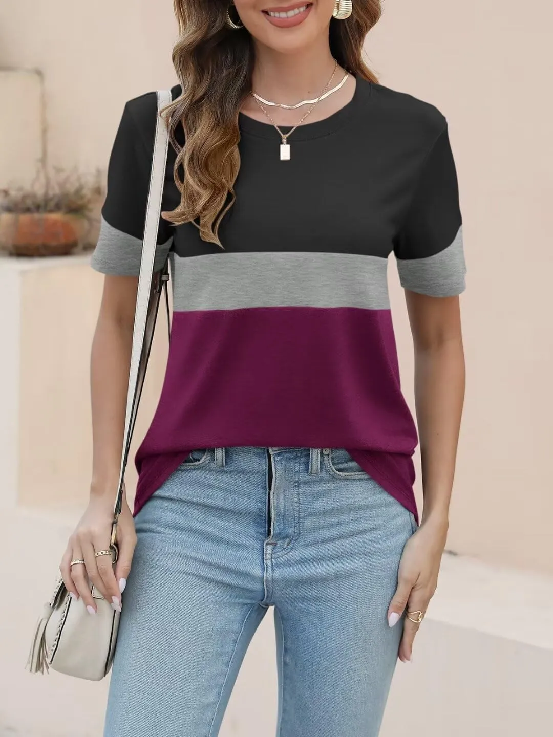 ORANDESIGNE Womens T Shirts Short Sleeve Color Block Tops Casual Summer Fashion Tees