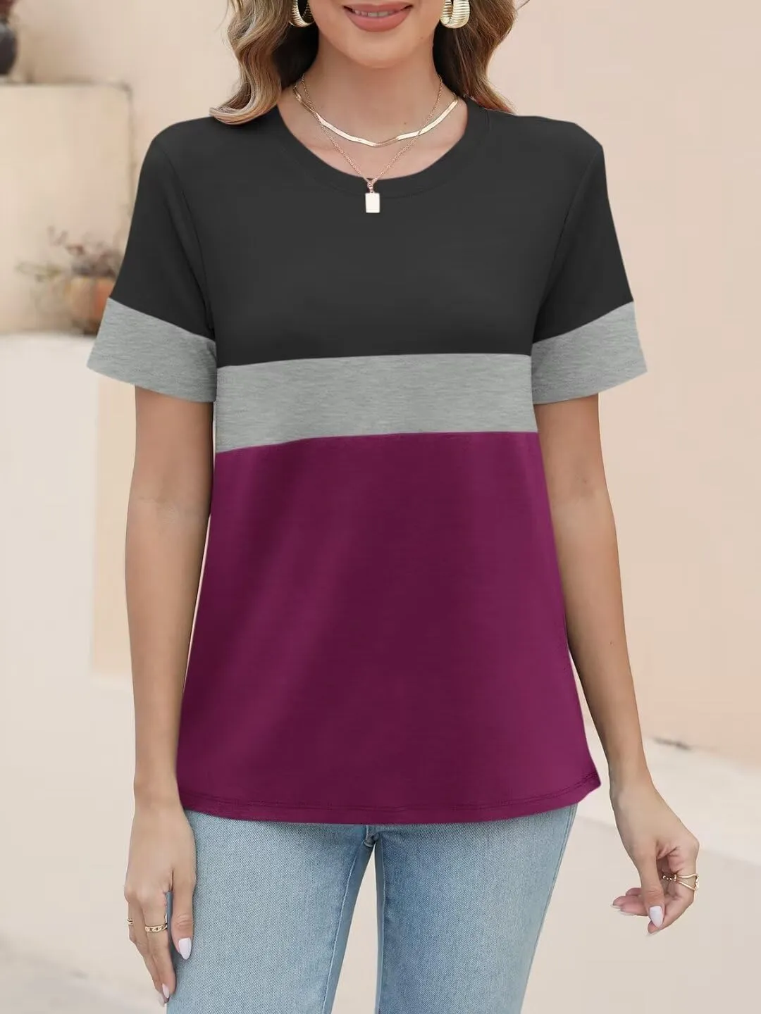 ORANDESIGNE Womens T Shirts Short Sleeve Color Block Tops Casual Summer Fashion Tees