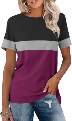 ORANDESIGNE Womens T Shirts Short Sleeve Color Block Tops Casual Summer Fashion Tees