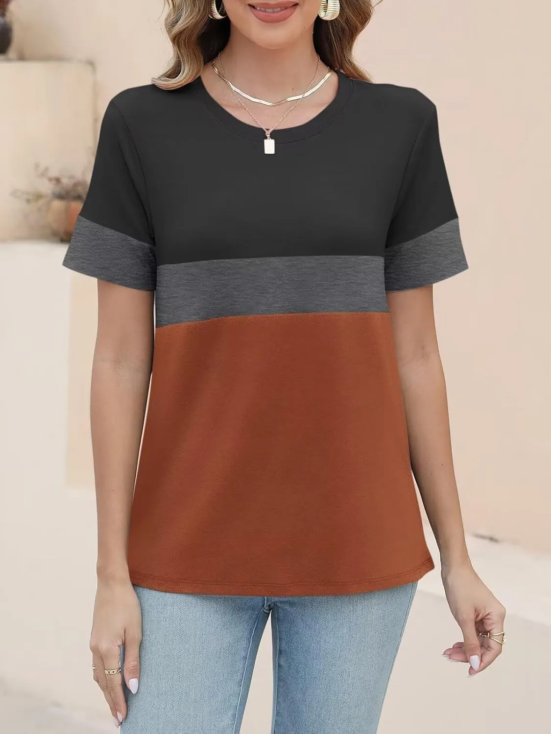 ORANDESIGNE Womens T Shirts Short Sleeve Color Block Tops Casual Summer Fashion Tees