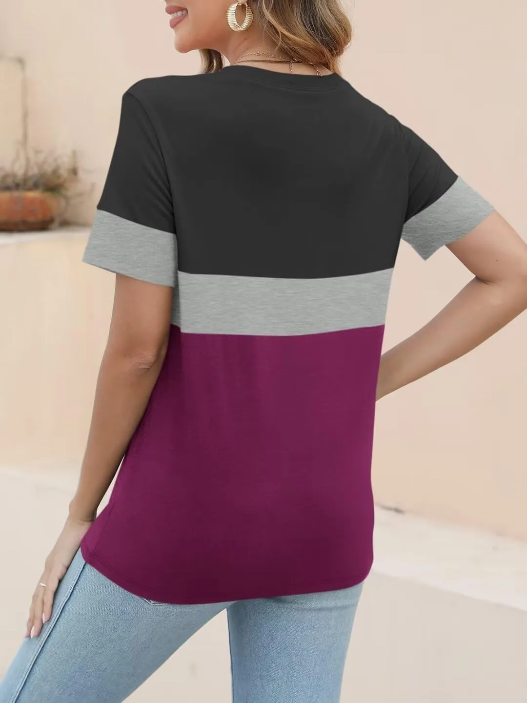 ORANDESIGNE Womens T Shirts Short Sleeve Color Block Tops Casual Summer Fashion Tees