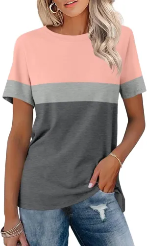 ORANDESIGNE Womens T Shirts Short Sleeve Color Block Tops Casual Summer Fashion Tees