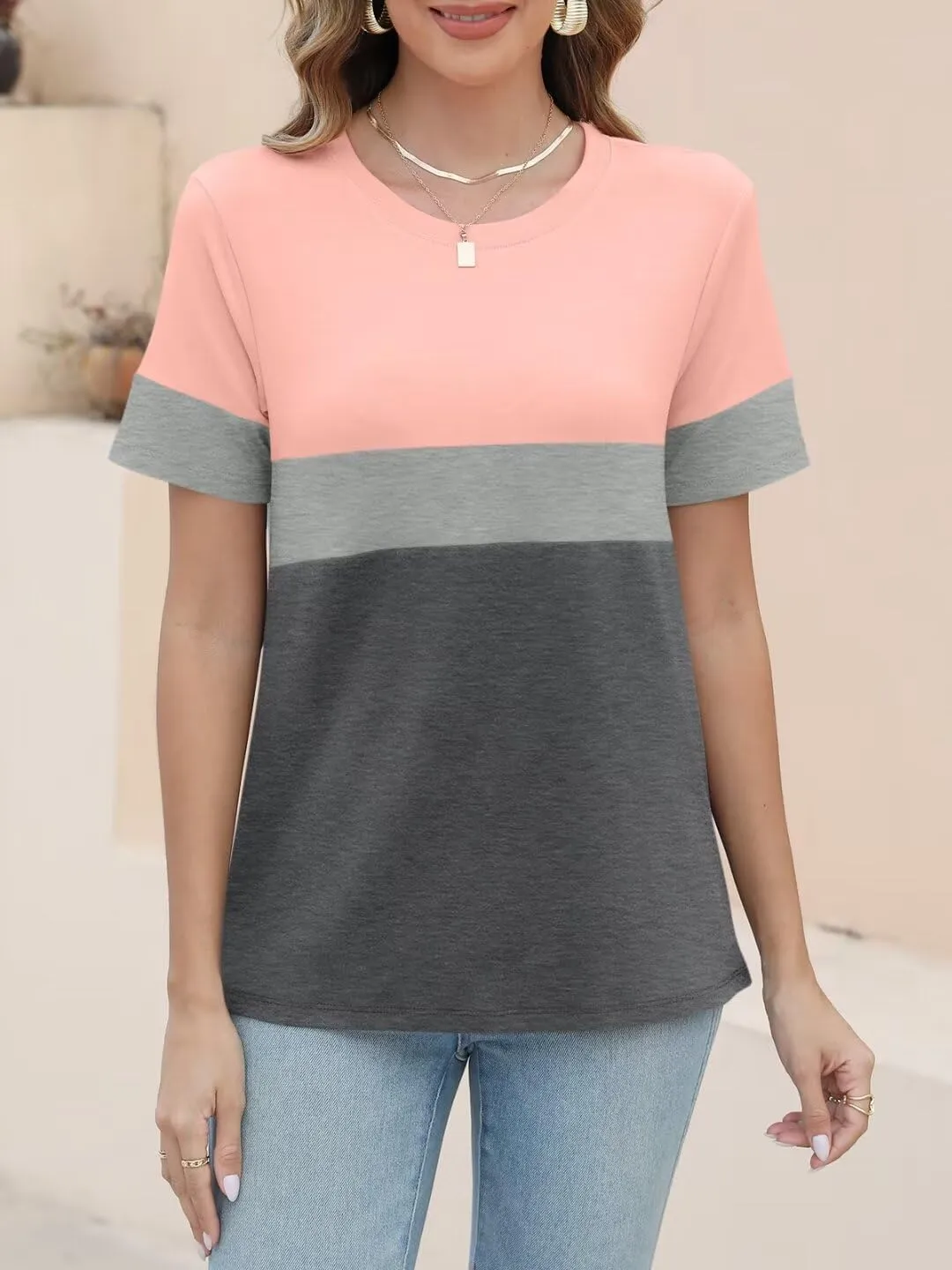 ORANDESIGNE Womens T Shirts Short Sleeve Color Block Tops Casual Summer Fashion Tees
