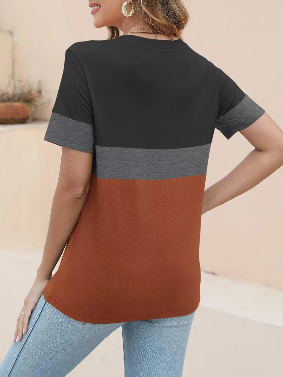 ORANDESIGNE Womens T Shirts Short Sleeve Color Block Tops Casual Summer Fashion Tees