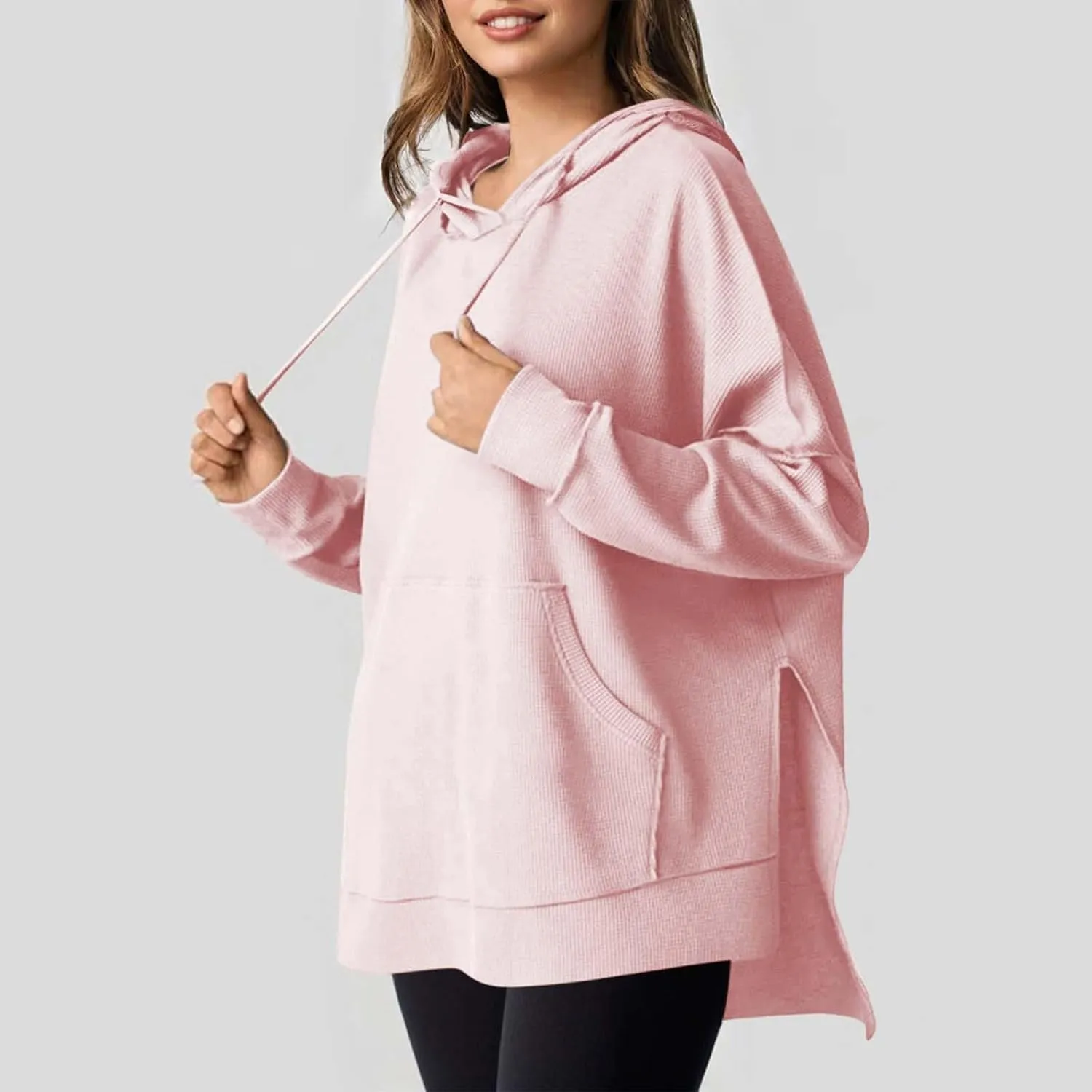 Oversized Hoodies for Women Waffle Hem Slit Drawstring Long Sleeve Sweatshirt Loose Lightweight Pullover with Pocket