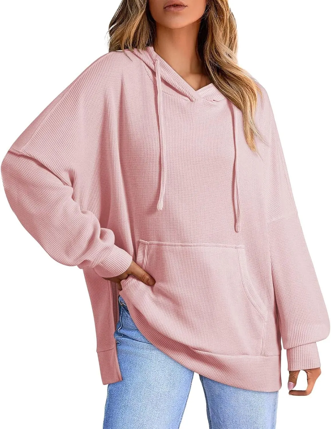 Oversized Hoodies for Women Waffle Hem Slit Drawstring Long Sleeve Sweatshirt Loose Lightweight Pullover with Pocket