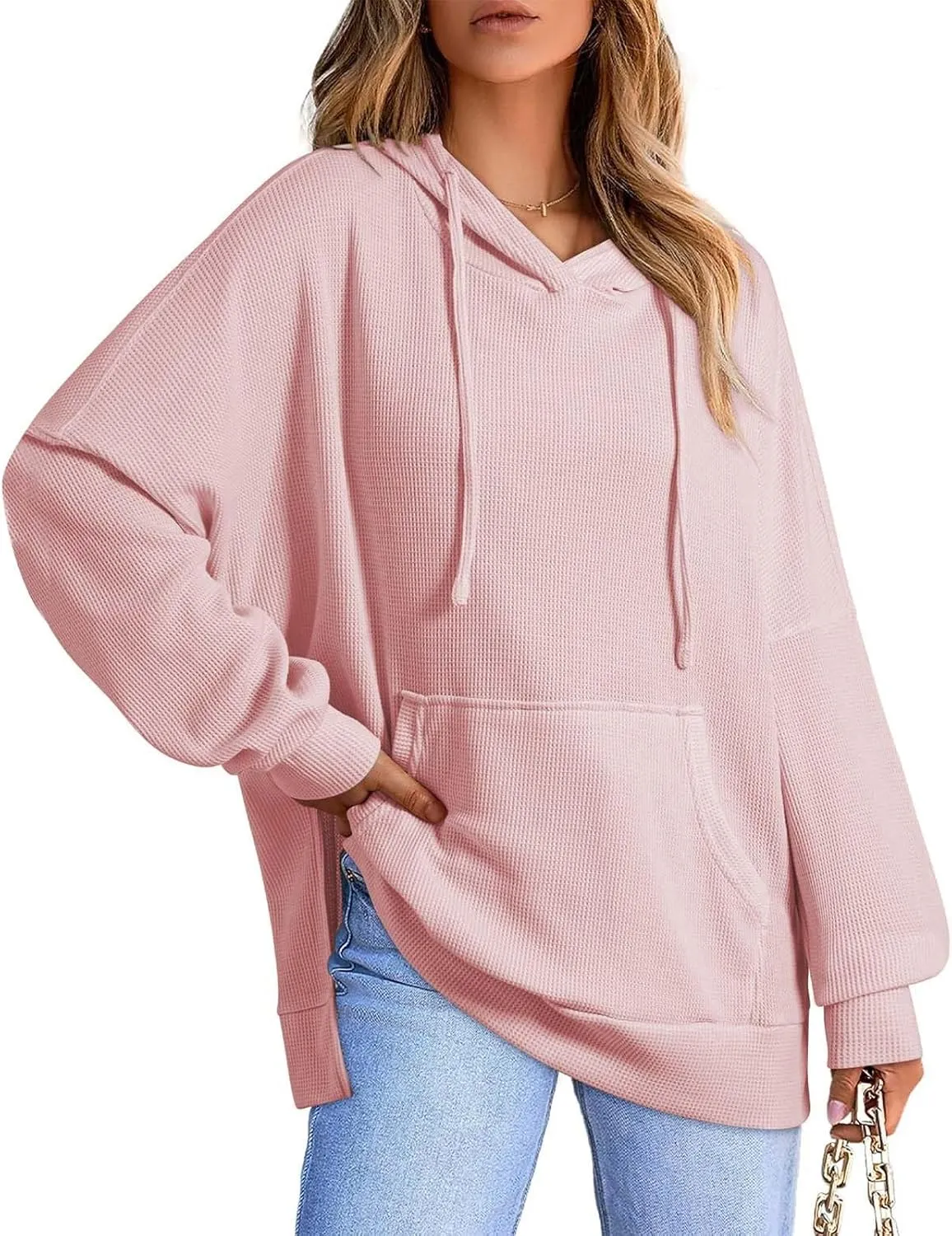 Oversized Hoodies for Women Waffle Hem Slit Drawstring Long Sleeve Sweatshirt Loose Lightweight Pullover with Pocket