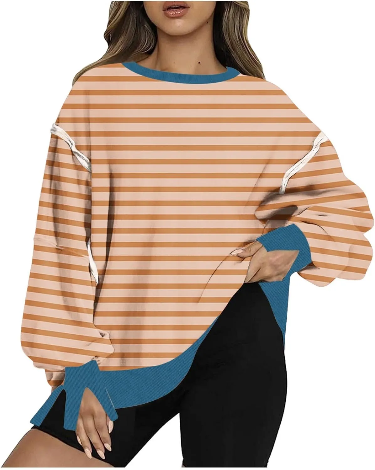 Oversized Sweatshirt for Women 2024 Long Sleeve Striped Sweatshirts Crewneck Corded Pullover Top Fall Winter Outfits