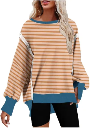 Oversized Sweatshirt for Women 2024 Long Sleeve Striped Sweatshirts Crewneck Corded Pullover Top Fall Winter Outfits