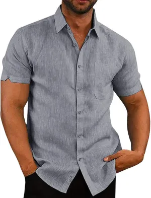 Oyamiki Mens Short Sleeve Regular-Fit Shirt Fishing Tees Linen Casual Button-Down Shirts