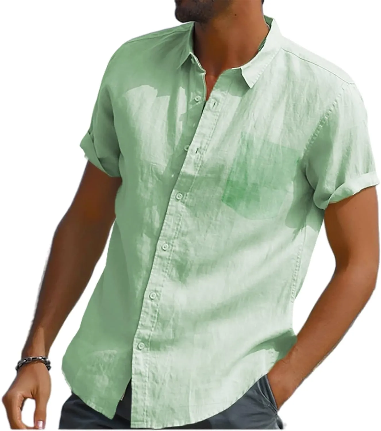 Oyamiki Mens Short Sleeve Regular-Fit Shirt Fishing Tees Linen Casual Button-Down Shirts