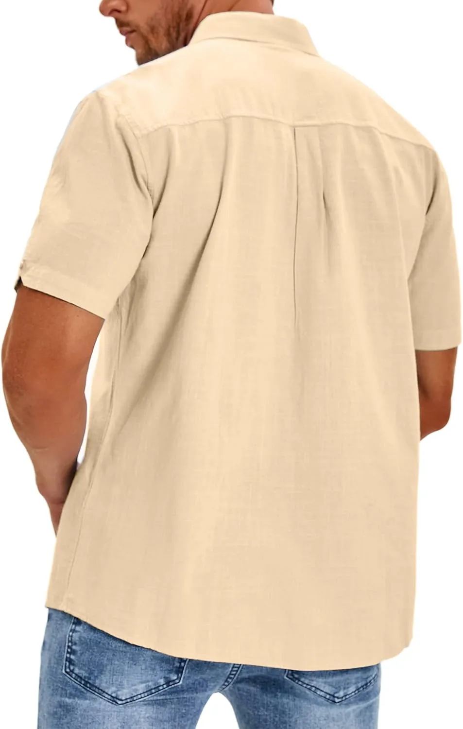 Oyamiki Mens Short Sleeve Regular-Fit Shirt Fishing Tees Linen Casual Button-Down Shirts