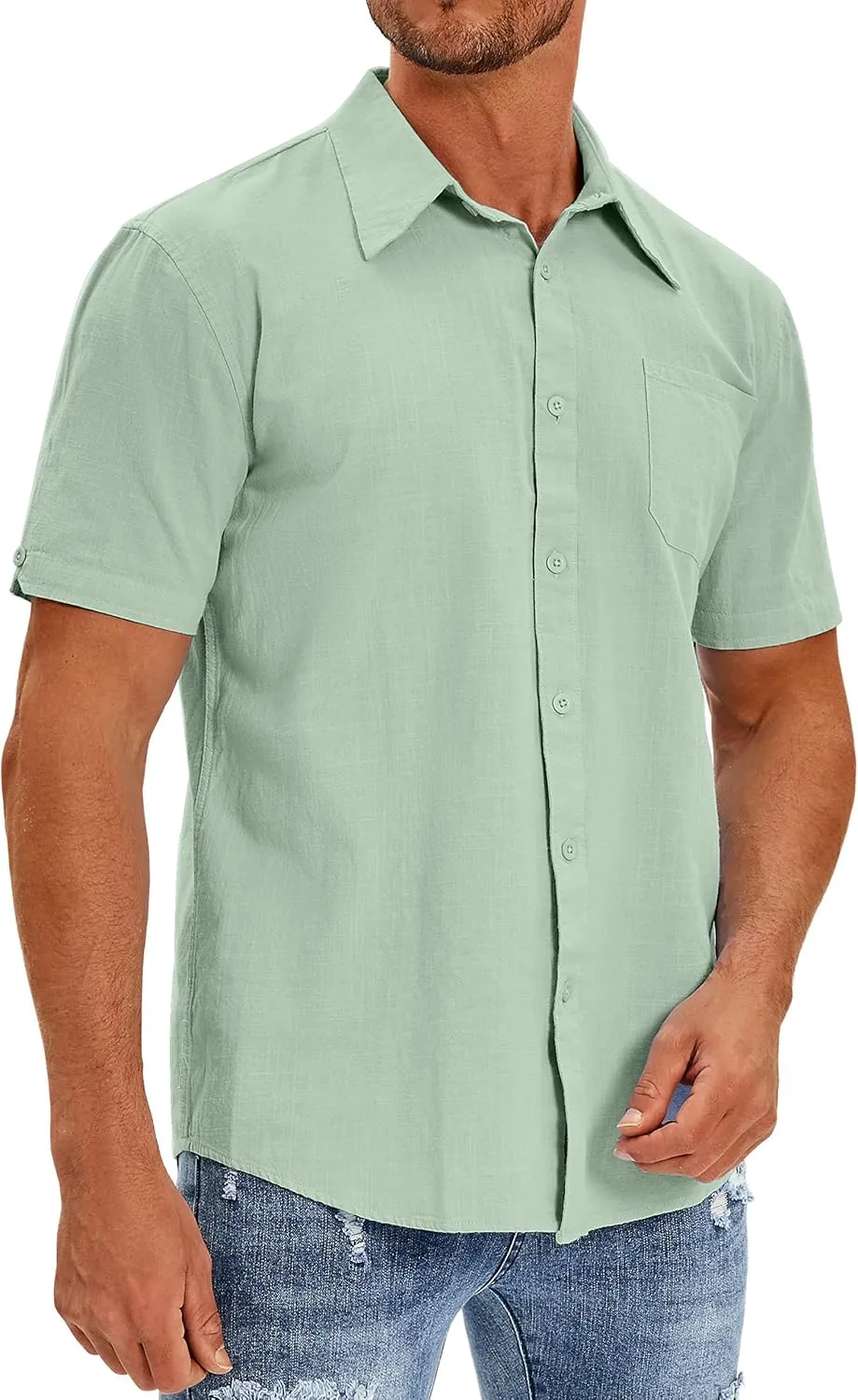 Oyamiki Mens Short Sleeve Regular-Fit Shirt Fishing Tees Linen Casual Button-Down Shirts