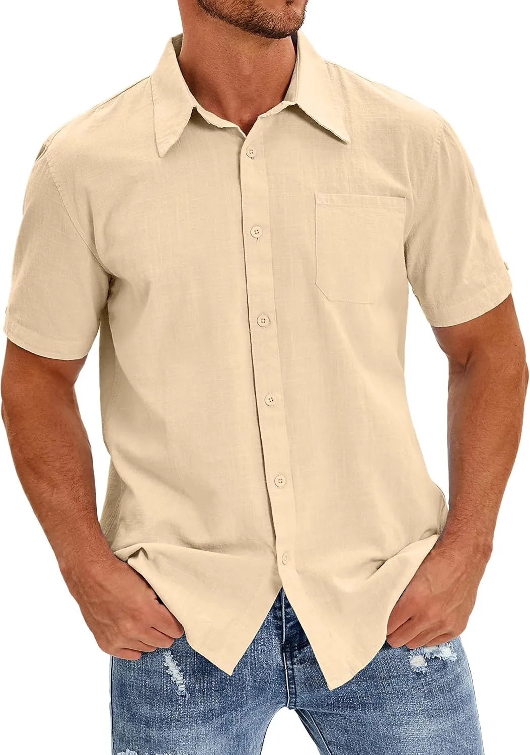 Oyamiki Mens Short Sleeve Regular-Fit Shirt Fishing Tees Linen Casual Button-Down Shirts