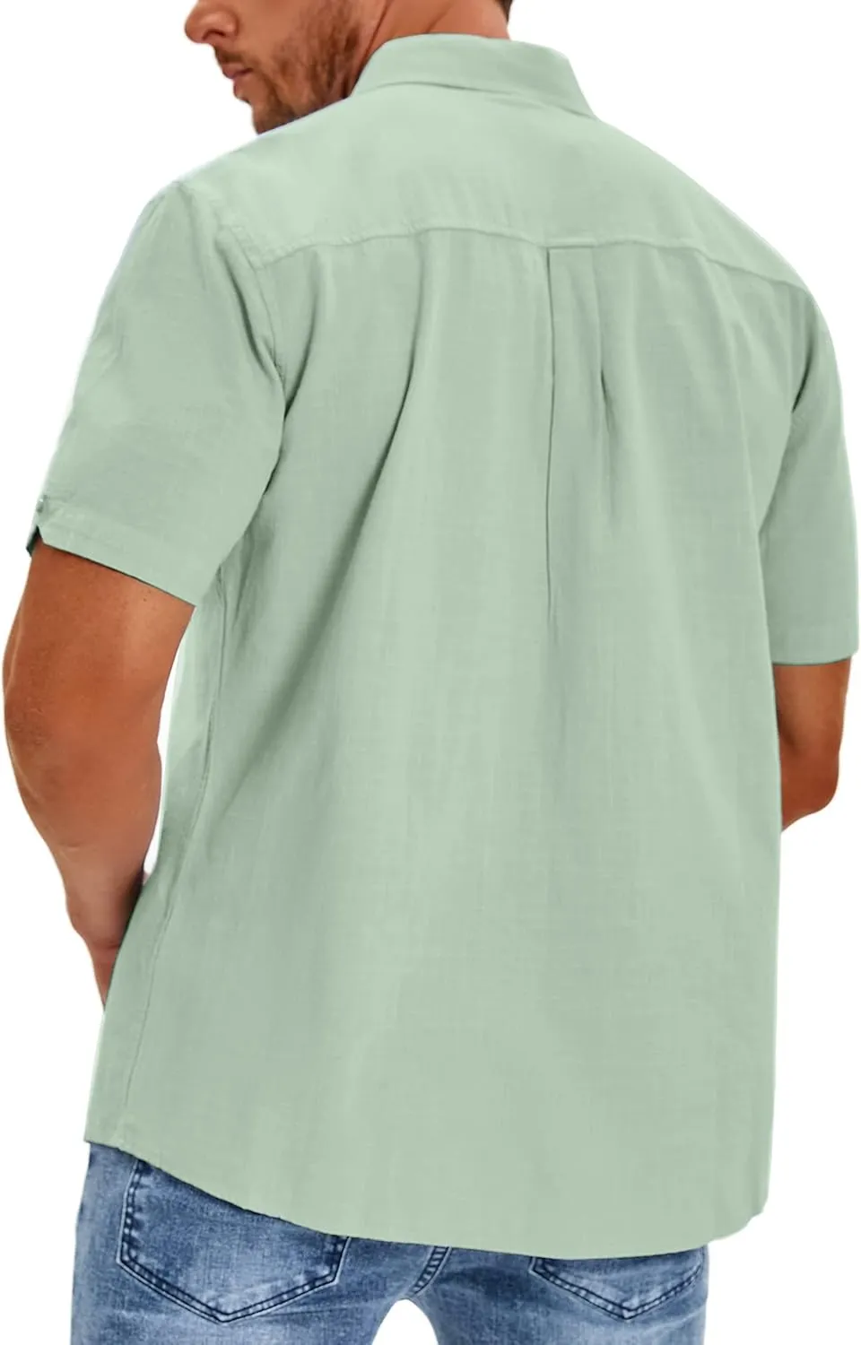 Oyamiki Mens Short Sleeve Regular-Fit Shirt Fishing Tees Linen Casual Button-Down Shirts