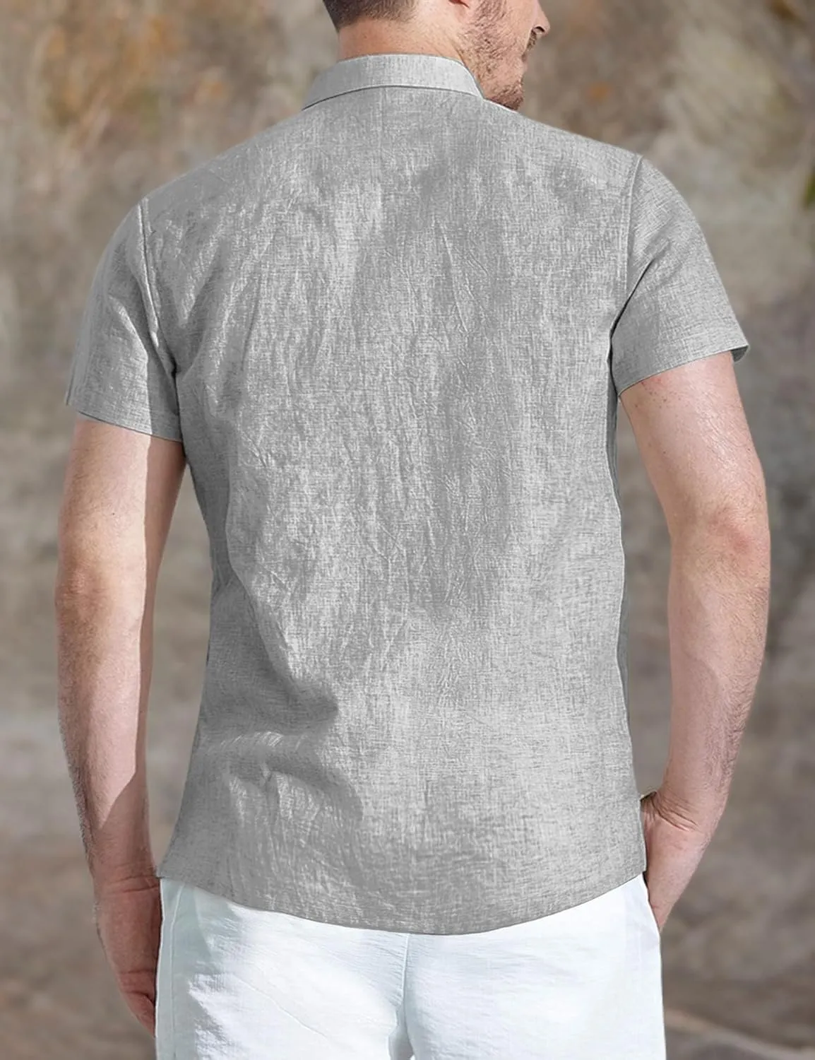 Oyamiki Mens Short Sleeve Regular-Fit Shirt Fishing Tees Linen Casual Button-Down Shirts